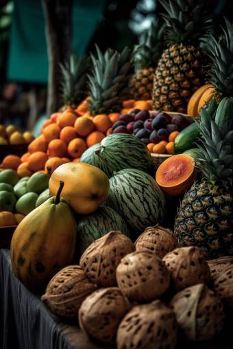 healthy-lifestyle Tropical Fruits at a Market Stall – Freshness, Vibrancy, and Exotic Flavors