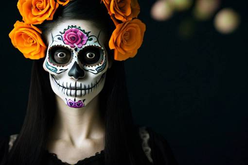 fiesta adulto día de los muertos; cráneo; cara pintada mujer flor halloween retrato de una persona
