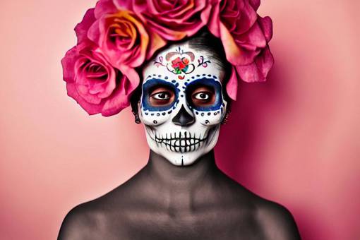 fiesta Día de los Muertos; calavera; cara pintada una persona rostro humano mujer adulta flor halloween