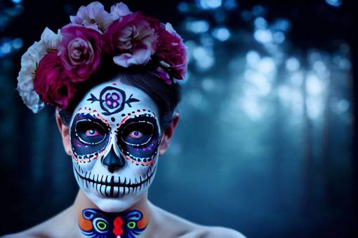 fiesta día de los muertos de halloween; cráneo; cara pintada rostro humano mujer retrato celebración flor