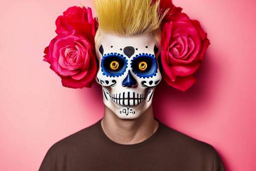 hairstyle human face halloween portrait one person Day of the Dead;skull;painted face men flower