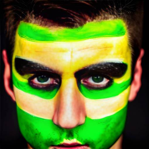 brazo mirando a la cámara pintura facial rostro humano una persona fútbol;ventilador;brasil;pintado;cara deporte hombres