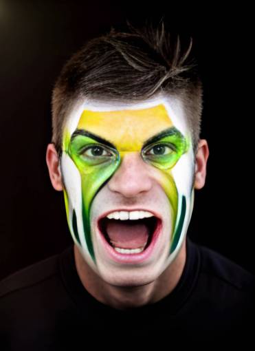 front-view one person caucasian ethnicity soccer;fan;brazil;painted;face men face paint looking at camera sport