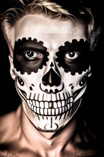 spooky Day of the Dead;skull;painted face black and white halloween human face portrait one person