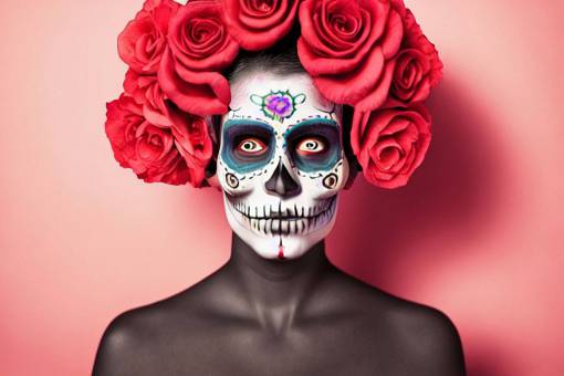 mujer flor celebración de halloween día de los muertos; cráneo; cara pintada rostro humano una persona