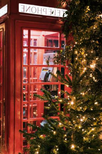 telephone Christmas tree next to a telephone cabin in london