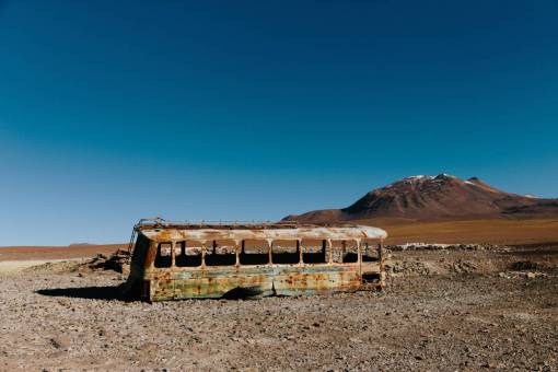 abandoned desert  sand  rocks  blue  sky  bus  abandoned