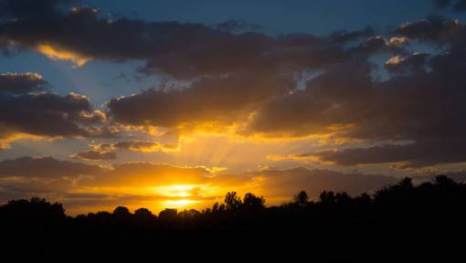cielo naranja oscuro árboles negros montaña nubes