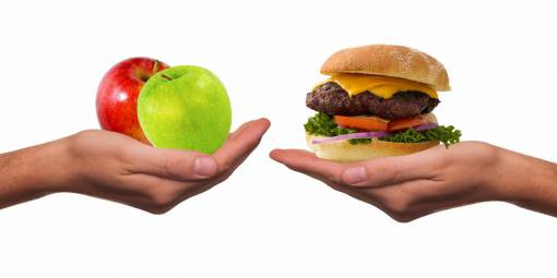 caricature Diet concept, Burger or apples