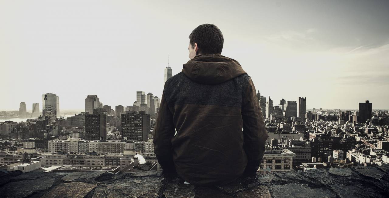 architecture, buildings, infrastructure, city, urban, tower, skyline, skyscraper, wall, people, man, hoodie, jacket, alone, sky, black and white
, 