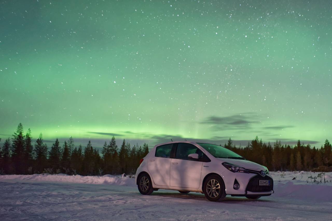 aurora, sky, trees, plant, nature, landscape, road, path, snow, winter, forest, car, vehicle, trip, travel, outdoor, sky, cloud
, 