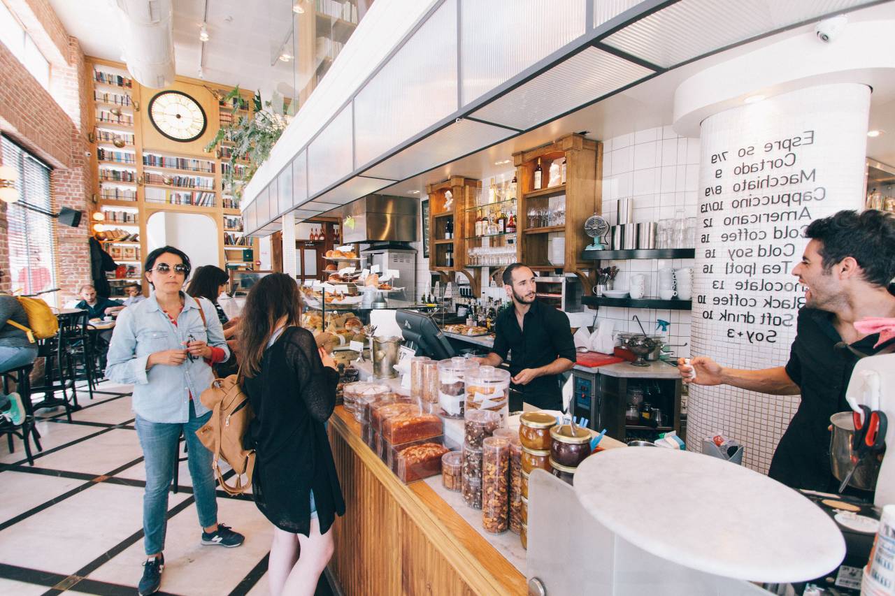 business, establishments, shops, coffee, cafe, pastry, menu, counter, tables, chairs, employees, customers, people, busy, watch, perspective
, 