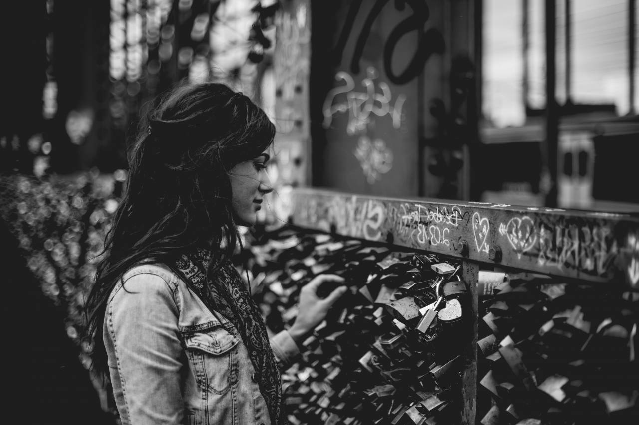 girl, beauty, alone, people, locks, metal, fence, letter, wall, blur, bokeh
, 
