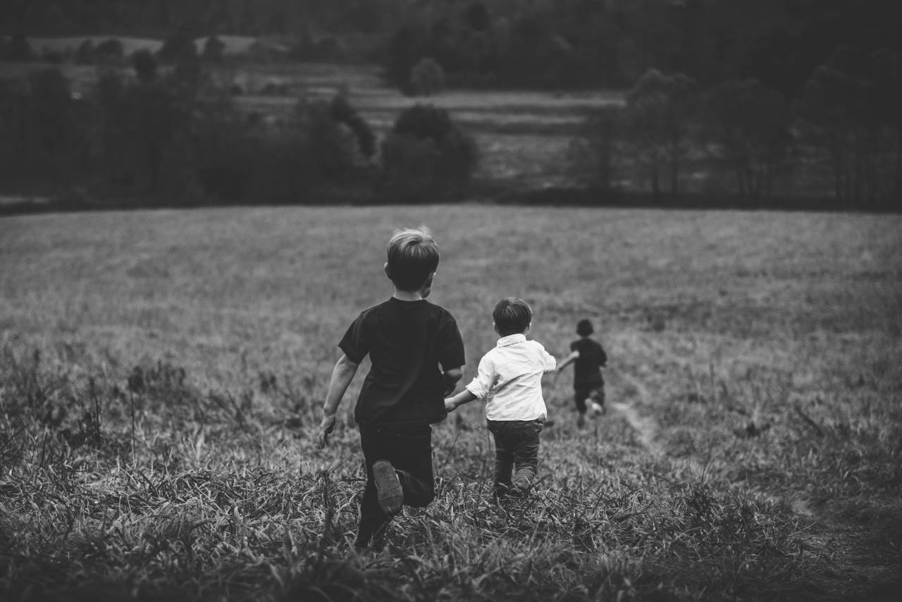 kids, children, boys, playing, running, field, fun, nature, grass, plants, trees, people, black and white, friends, family, group
, 