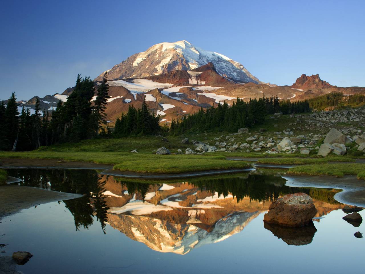 mountains, peaks, hills, snow, trees, grass, rocks, water, reflection, landscape, nature, sky
, 