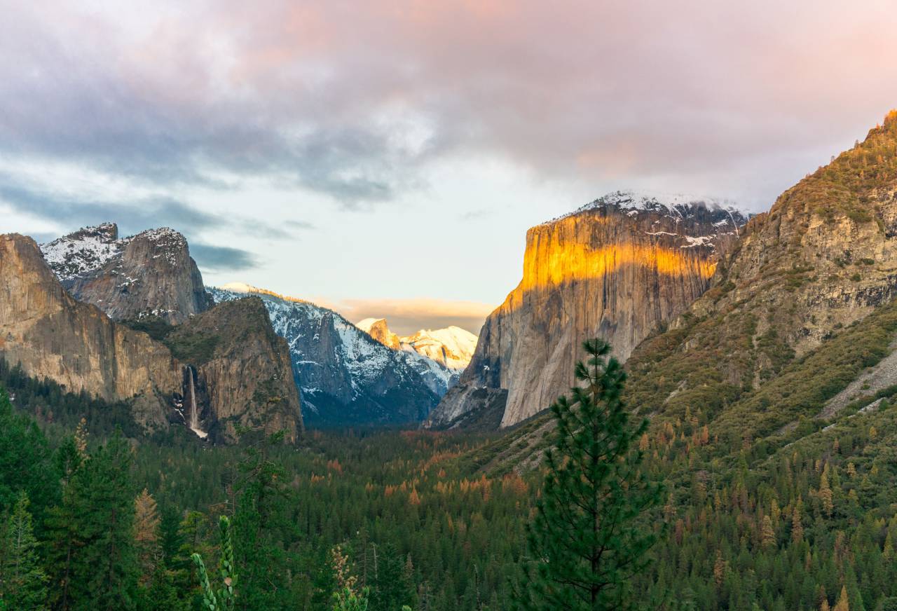 nature, landscape, mountains, slope, summit, peaks, forests, trees, sky, clouds, light, leaks, picturesque, majestic
, 
