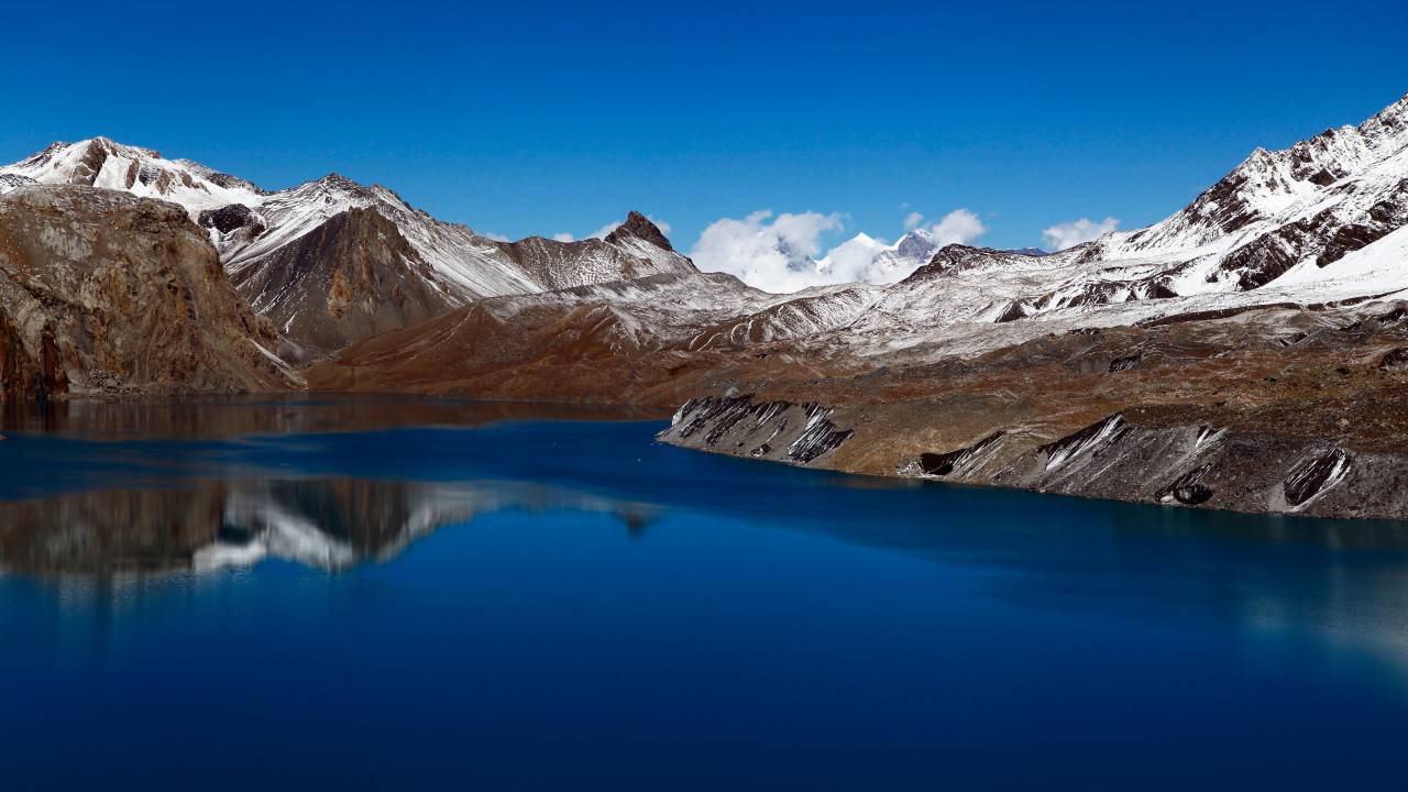 nature, landscape, mountains, snow, summit, peaks, coast, water, ocean, sea, lake, reflection, sky, clouds, brown, blue
, 
