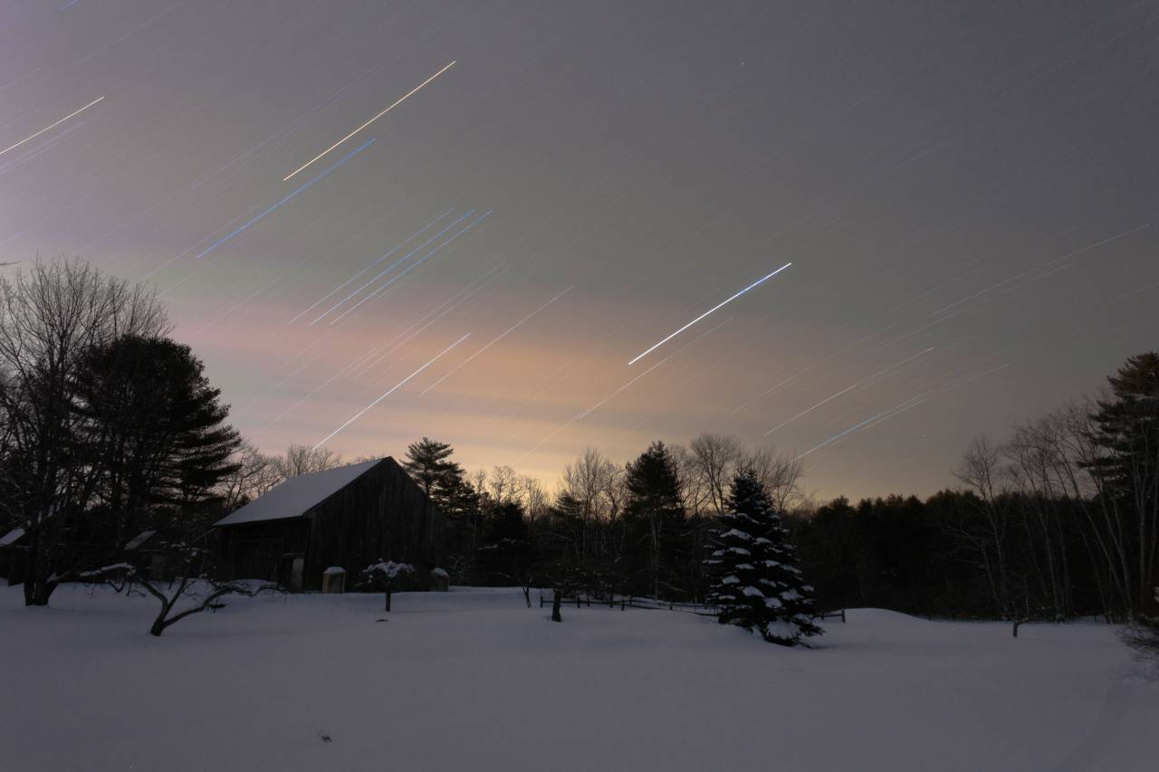 nature, landscape, shooting star, snow, winter, cold, weather, trees, house, sunset, dark
, 
