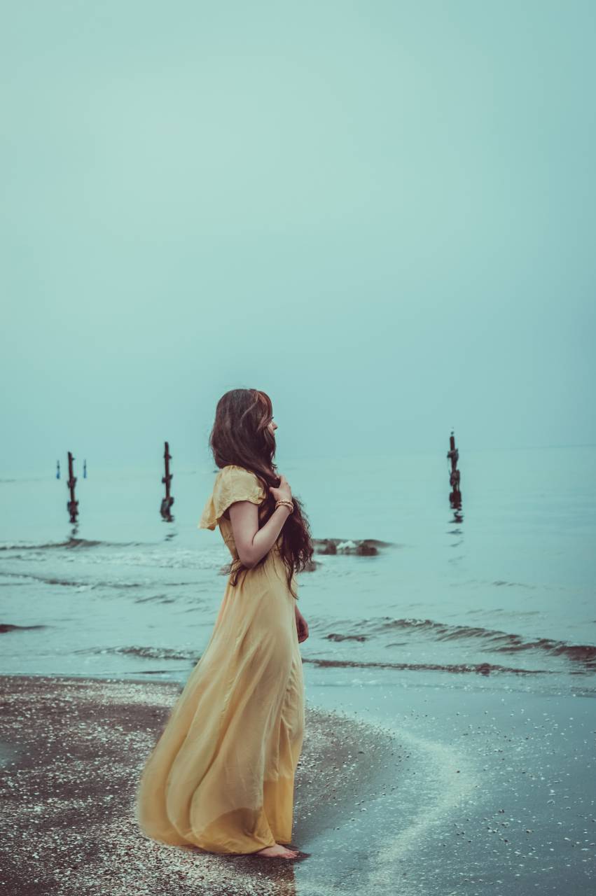 sad, woman, beach, dress, ocean, water, waves, female, person, portrait, gloomy, moody, sand
, 