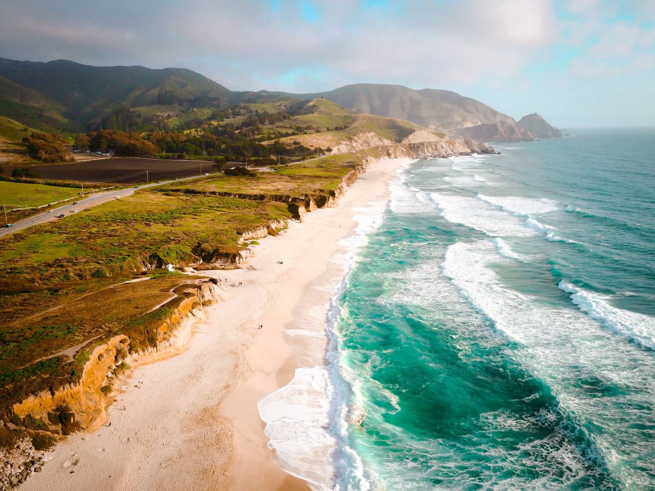 sea, ocean, water, waves, nature, blue, sky, cloud, beach, sand, shore, summer, green, grass, highland, landscape, outdoor, travel, mountain, view
, 