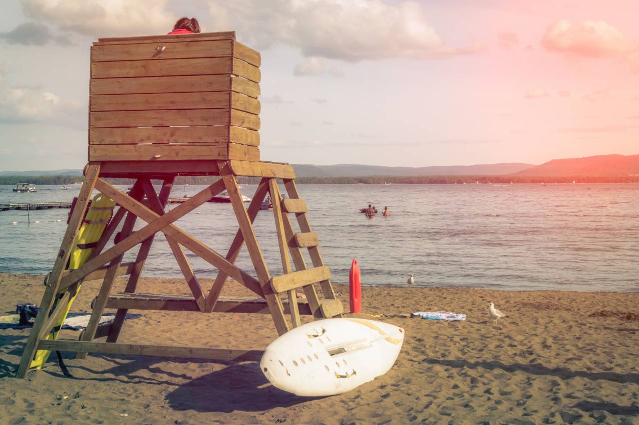 sky, clouds, water, beach, swimming, sand, surfing, surfboard, lifeguard, seagull, boats, wood
, 