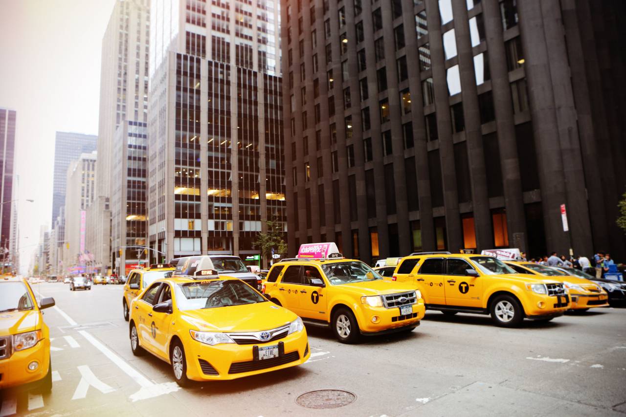 taxis, cabs, yellow, new york, city, street, road, buildings, towers, manhole, windows
, 
