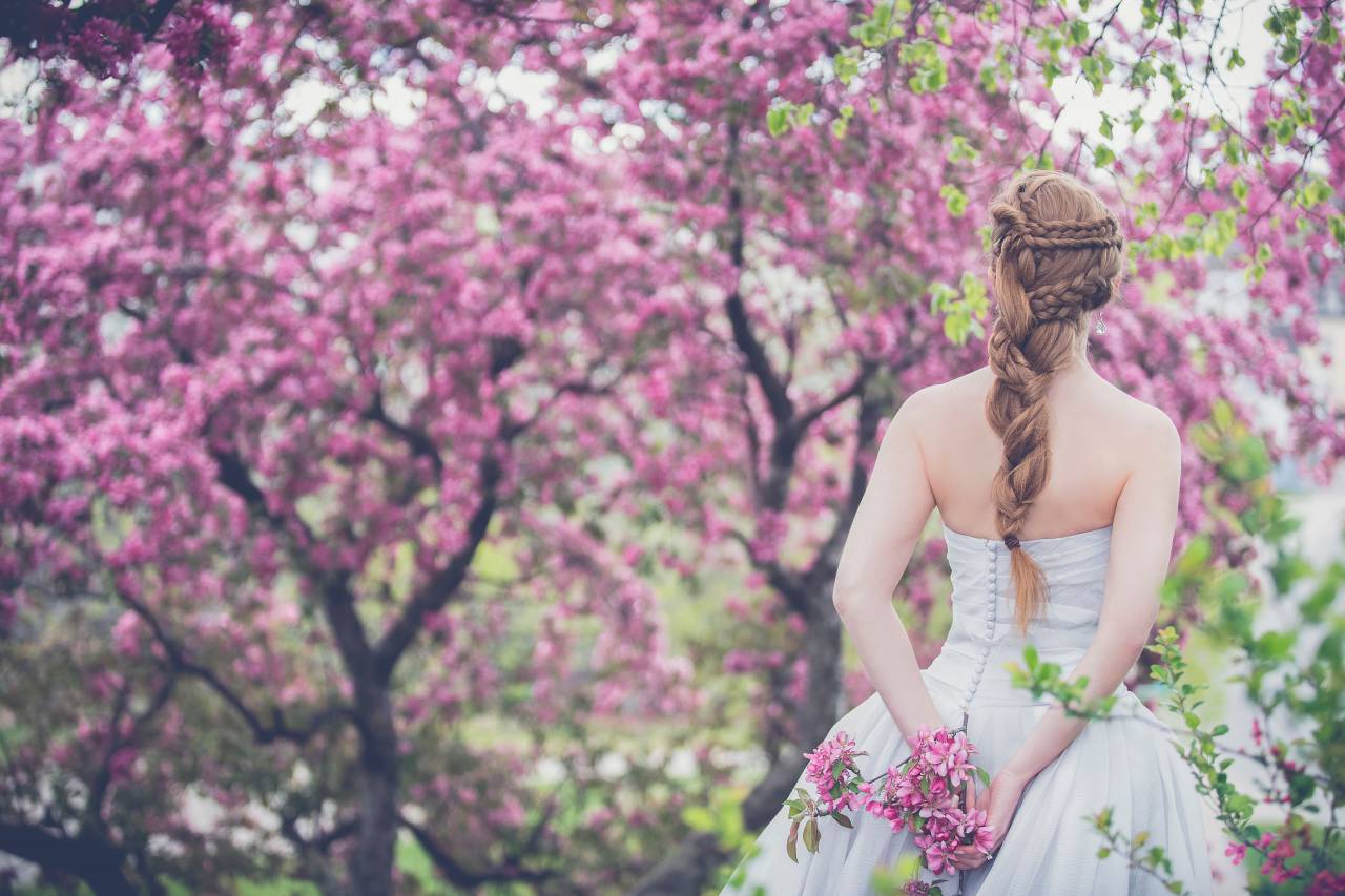 Árboles, planta, flor, naturaleza, al aire libre, gente, niña, espalda, boda, vestido, novia, trenza, peinado,