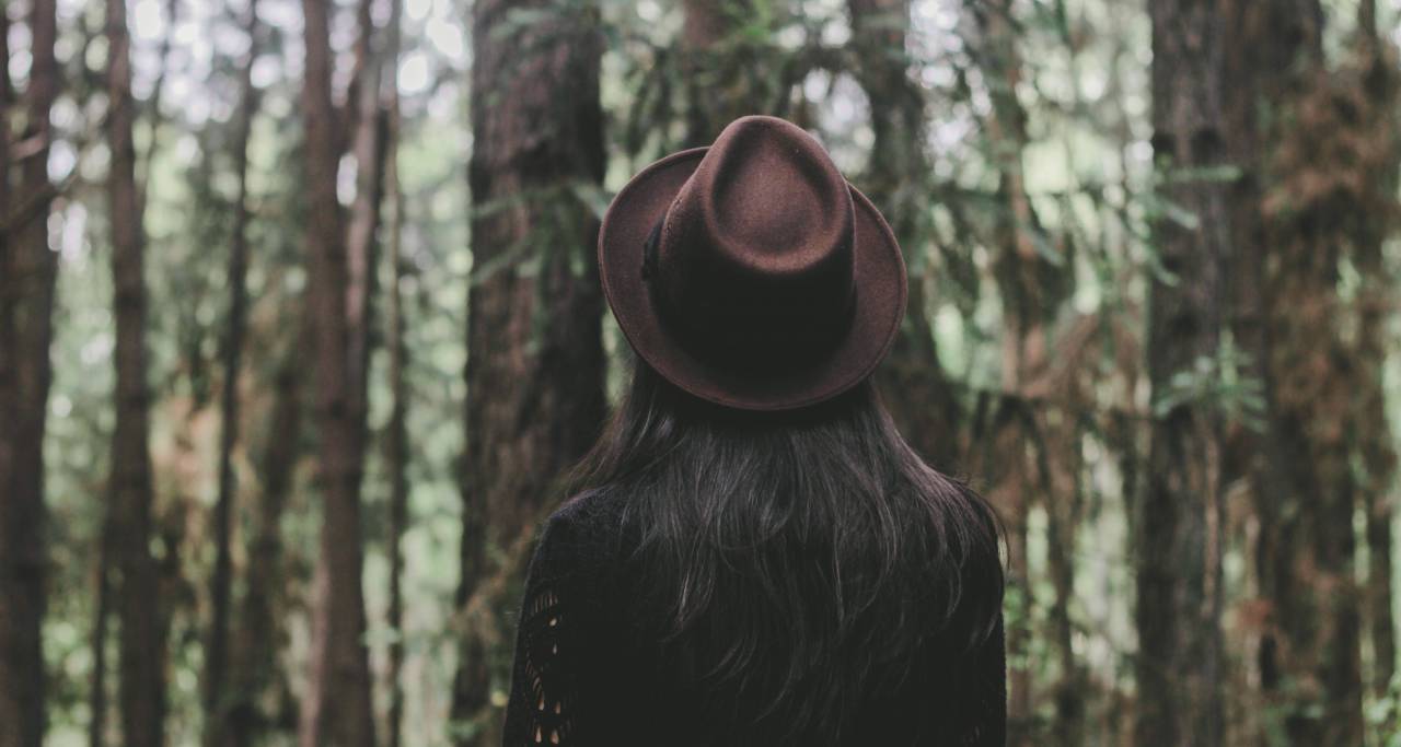 woman, girl, lady, people, back, contemplate, style, fashion, fedora, nature, forests, trees
, 