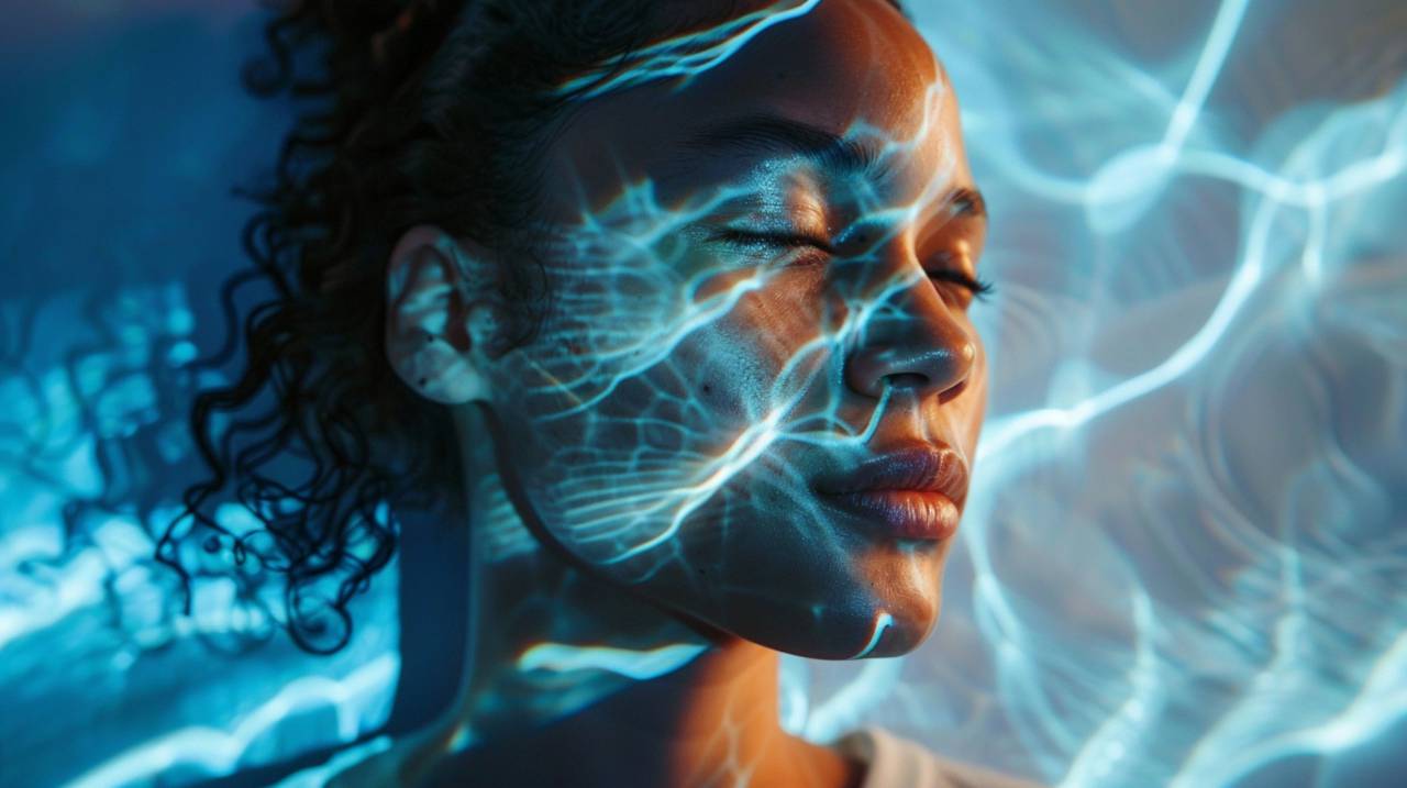woman;floating;reflection,one person,futuristic,blue,science,adult,women,technology,young adult,glowing,abstract, 