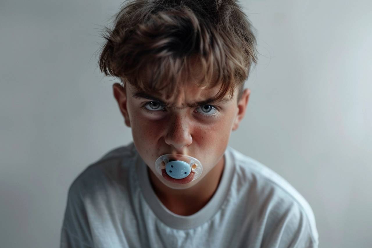 Adolescente;enojado;chupete de bebé;rabieta,niño,una persona,etnia caucásica,retrato,boys,infancia,mirando a la cámara,lindo,close-up,pequeño,rostro humano,bebé,inocencia,sólo niños,estilos de vida,foto de estudio, Mirando,machos,interiores,personas reales, 