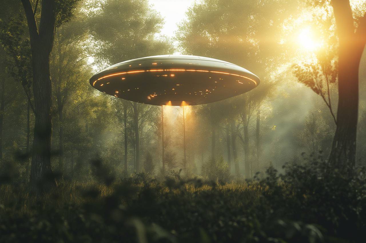 ovni;bosque,naturaleza,misterio,fantasía,espeluznante,galaxia,bosque,árbol,espacio,noche,futurista,al aire libre,alien,astronomía,estrella,ilustración,ciencia, 