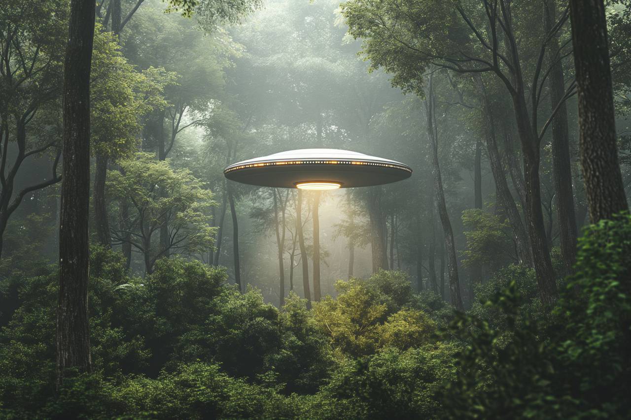 ovni;forest,mystery,forest,alien,fantasy,nature,spooky,tree,futuristic,fog,spaceship,space travel vehicle,technology,galaxy,science,space,outdoors,green color,horror, 