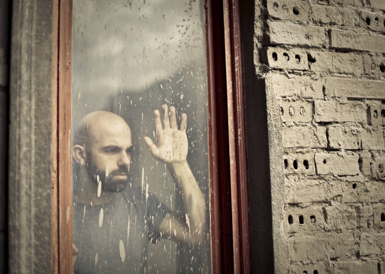 Man, Depression, Looking, Window, Sad, Alone, Solitude, Mental Health, Emotion, Grief, Loneliness, Despair, Hopelessness, Sadness, Distress, Melancholy, Desolate, Contemplation, Reflection, Gloomy, bald, 
