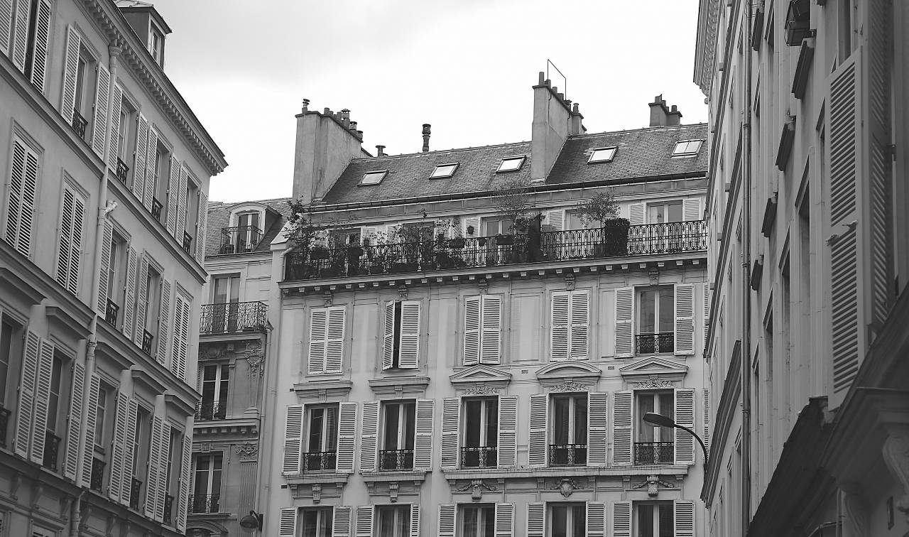 Edificios, apartamentos, casas, ventanas, persianas, balcones, balcones, Francia, ciudad, rejas, blanco y negro,