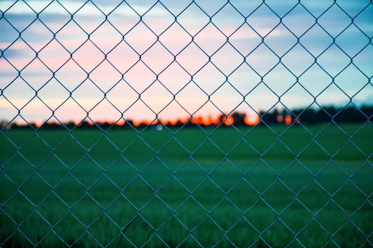 eslabón de cadena, valla, campo, hierba, puesta de sol, atardecer, al aire libre, naturaleza,