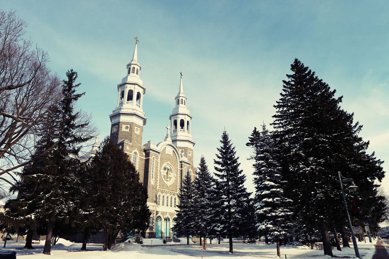church, religion, christian, catholic, architecture, cross, bells, arches, winter, snow, cold, trees, branches, sky
, 