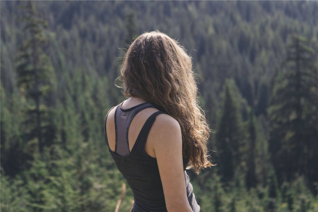 girl, woman, long hair, curls, brunette, tank top, fitness, hiking, outdoors, trees, nature
, 