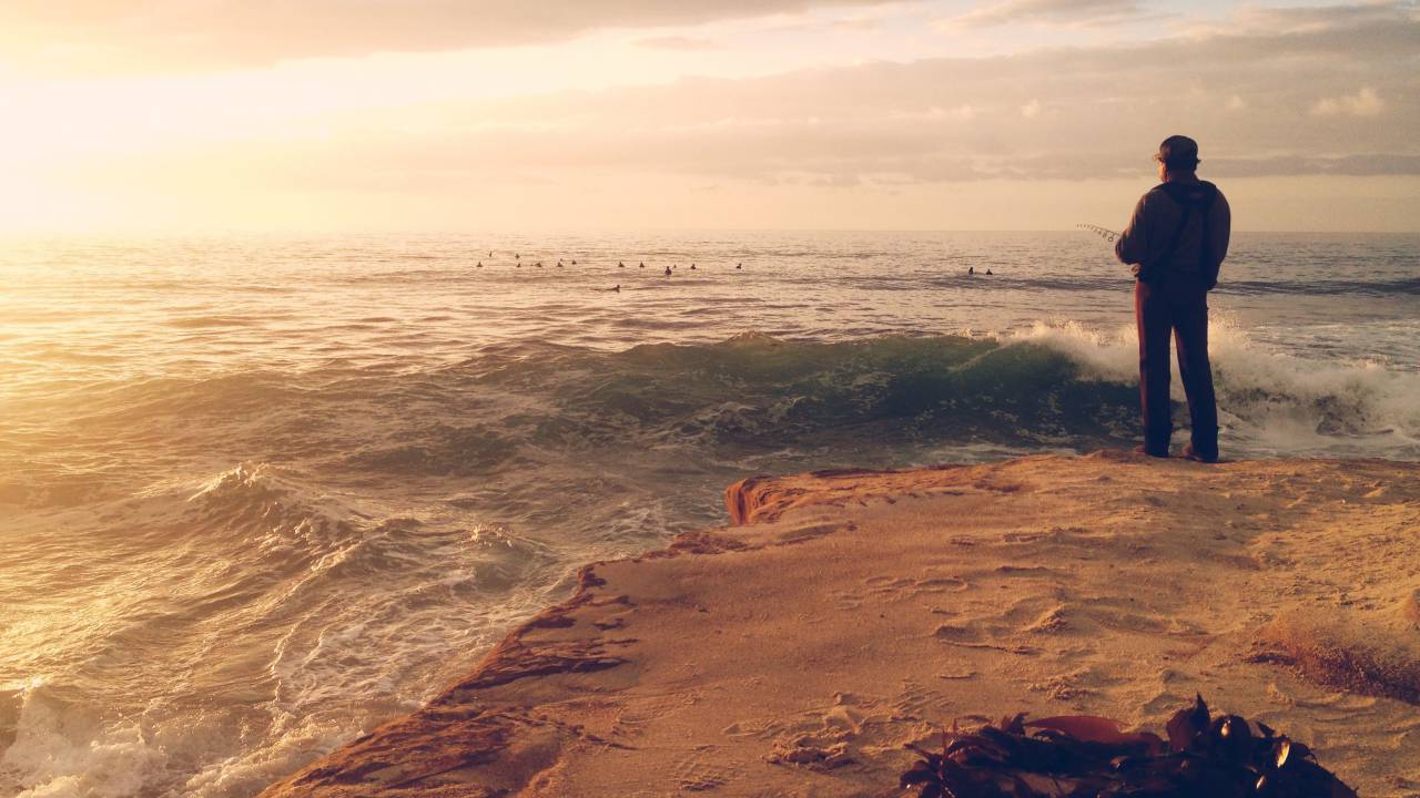 sky, sunset, sun, clouds, water, waves, beach, sand, man, fishing, ducks
, 