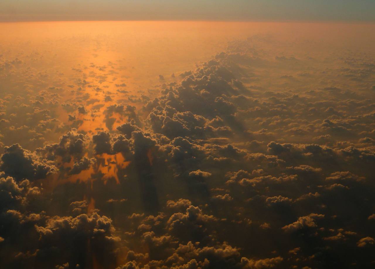 puesta de sol, por encima de las nubes, cielo, vista, aéreo,