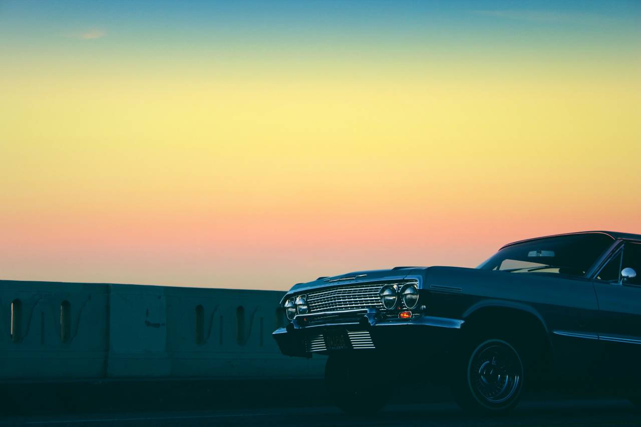 sunset, dusk, sky, yellow, car, automotive, vintage, oldschool, low rider, road, street, driving
, 