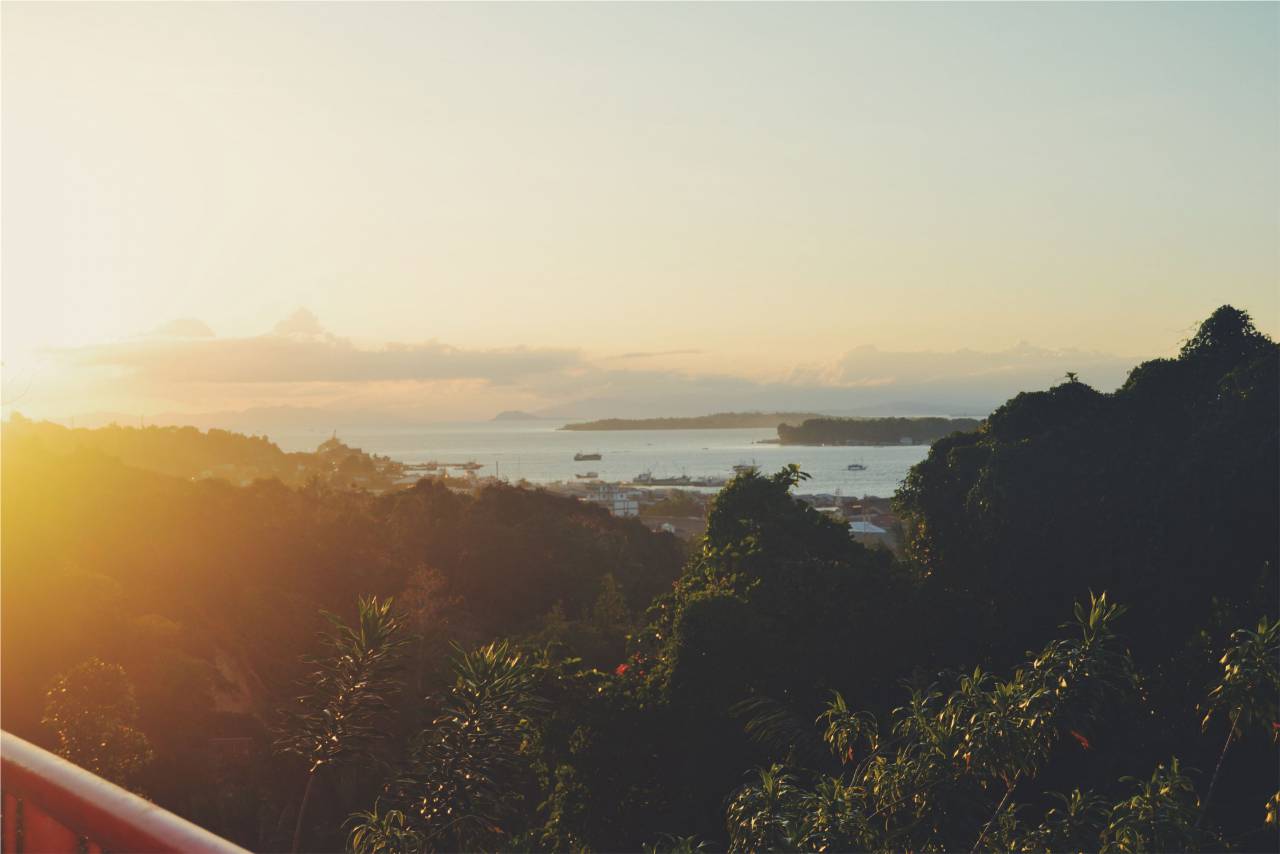 sunset, landscape, trees, ocean, sea, water, sky, boats, ships, mountains, hills
, 