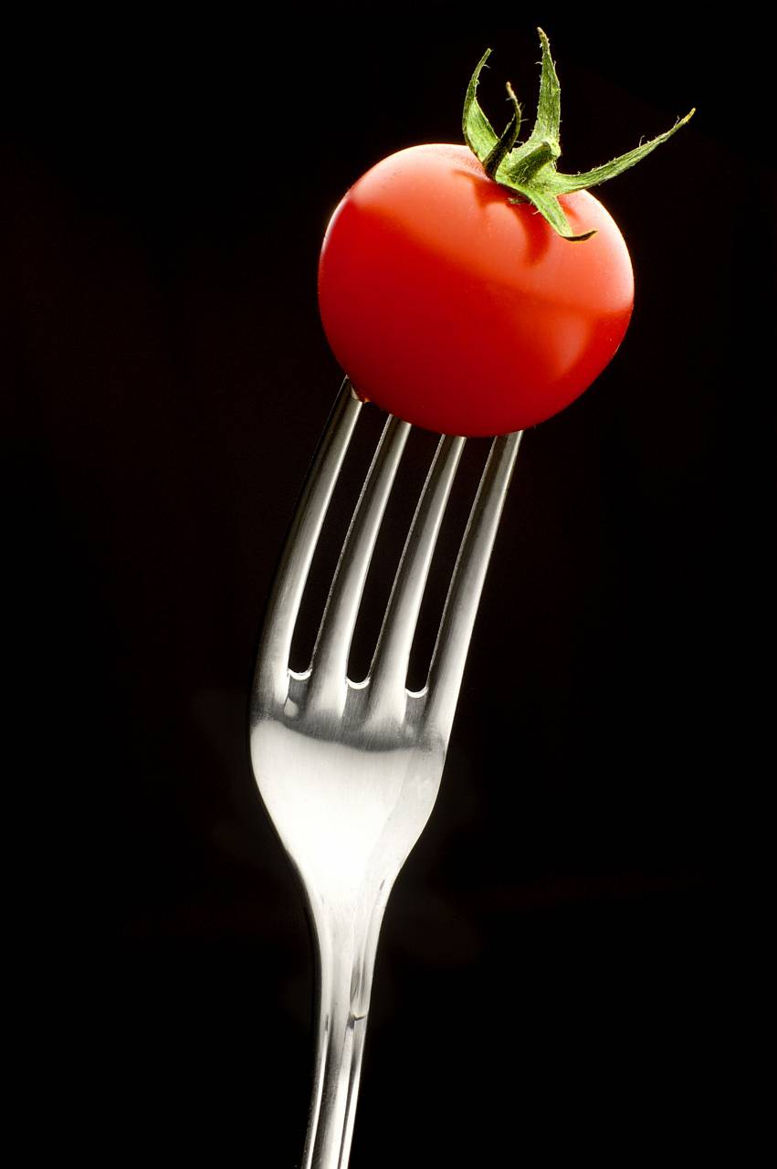 tomato, fork, red, black, background, food, tasteful, tasty, fresh, vegetable, health, raw, cherry tomato
, 