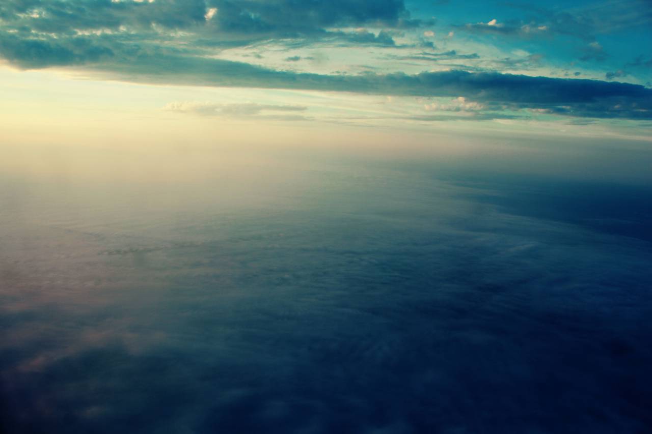 Vista aérea, cielo, nubes, puesta de sol, viaje, viaje, transporte, volador, avión,