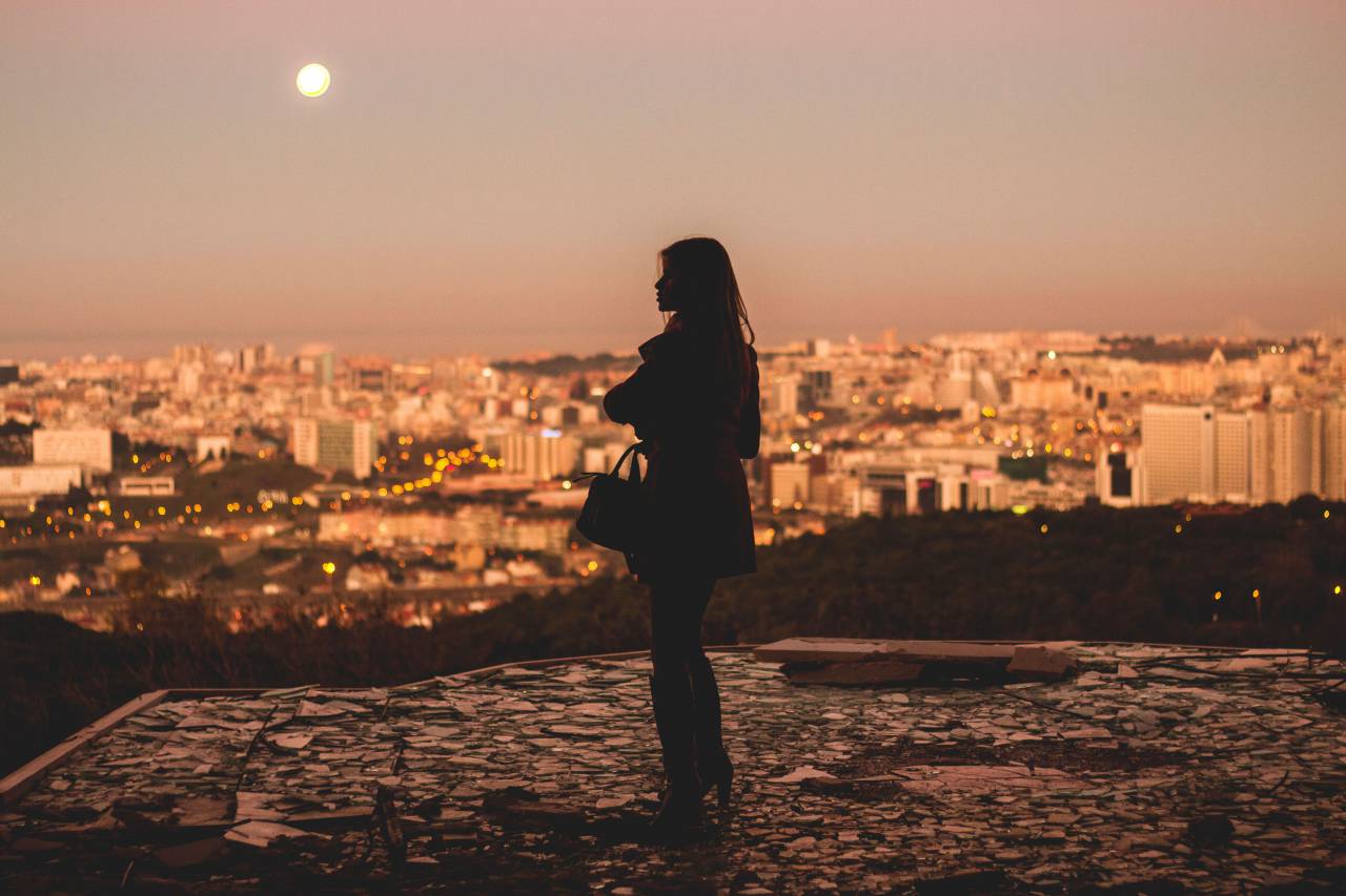 architecture, building, infrastructure, sky, skyscraper, tower, skyline, city, urban, view, moon, people, girl, standing, waiting, alone, sad, silhouette
, 