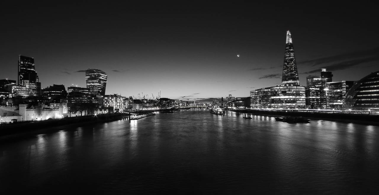 architecture, buildings, city, office, residential, high rise, skyscrapers, infrastructures, water, river, ports, docks, boats, reflection, sky, clouds, night, stars, lights, urban, metro, black and white
, 