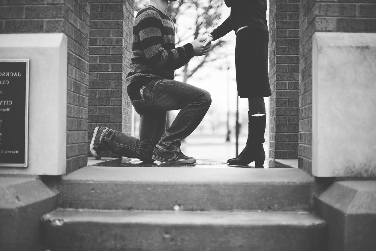 black and white, people, man, woman, couple, propose, love, holding hand
, 