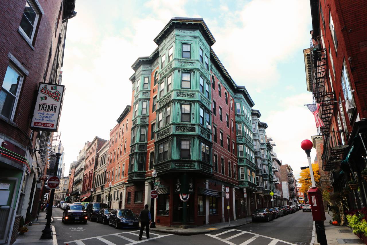 boston, street, corner, crosswalk, cars, parking, buildings, apartments, houses, architecture, sidewalk, signs, lamp posts, windows
, 