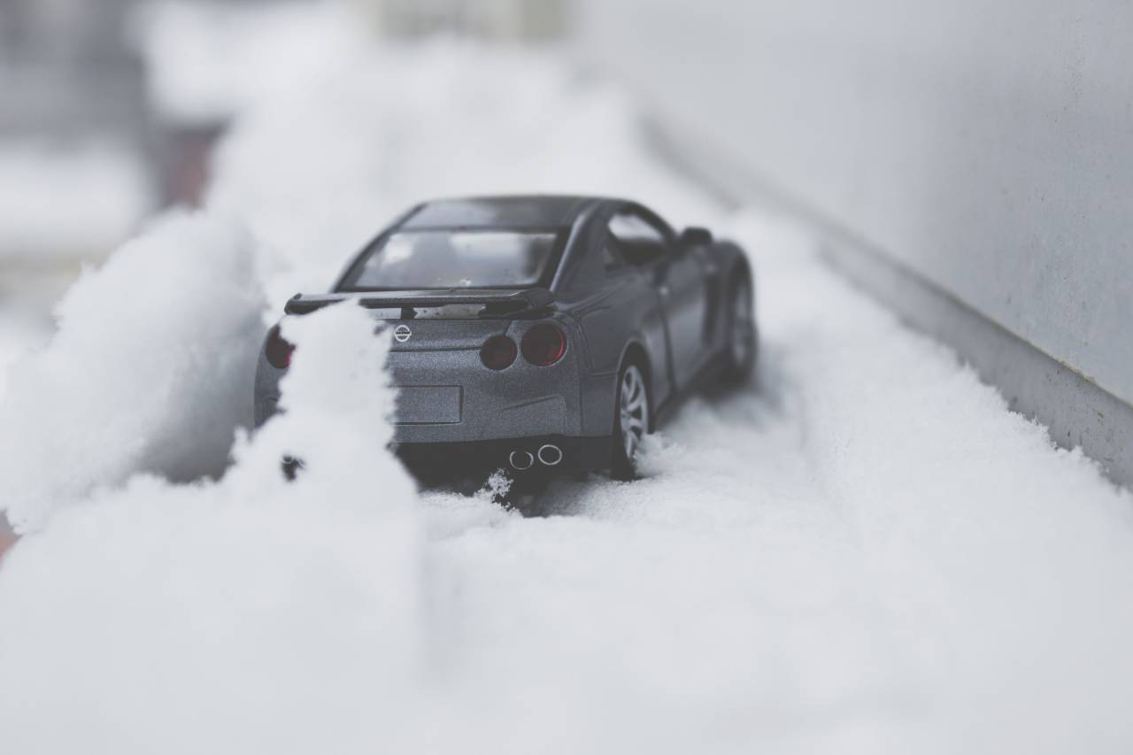 Coche, vehículo, juguete, nieve, invierno, difuminar,