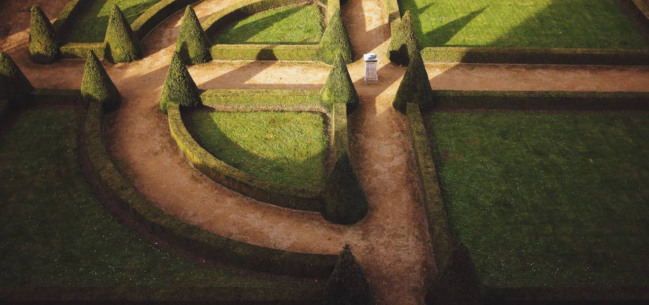 castle, garden, grass, paths, shrubs
, 