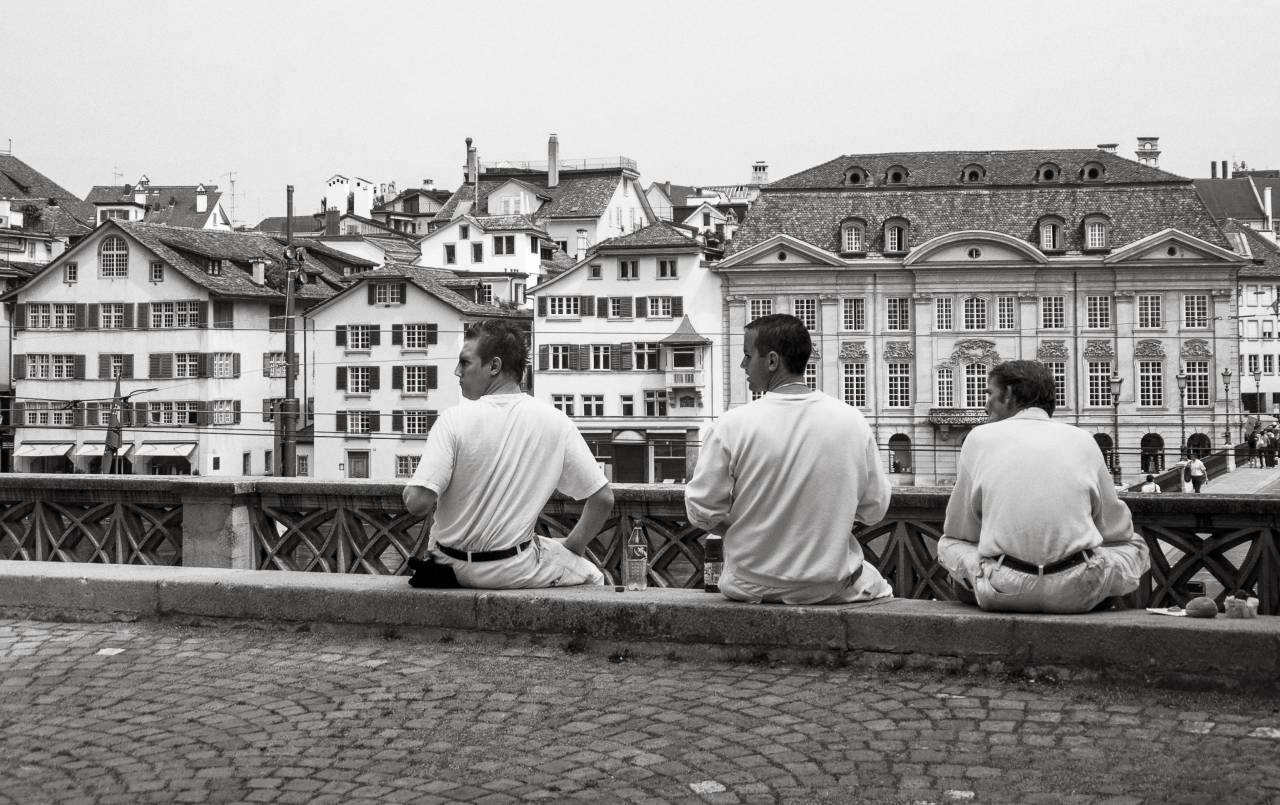 cobblestone, curb, concrete, men, guys, buildings, architecture, city, town, windows, shutters, black and white
, 